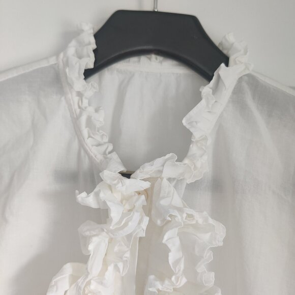 Ruffled White Cotton Lightweight Blouse w/ Mother of Pearl Buttons L/XL - Picture 3 of 5